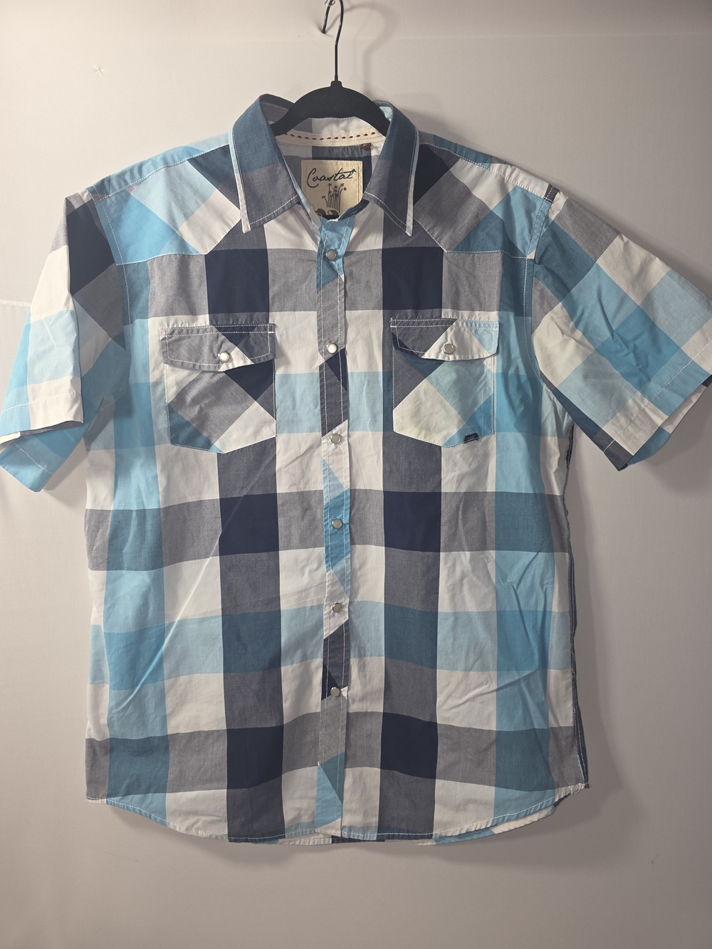 Coastal Men’s Short-Sleeve Plaid Button-Down Shirt in Light Blue & Navy